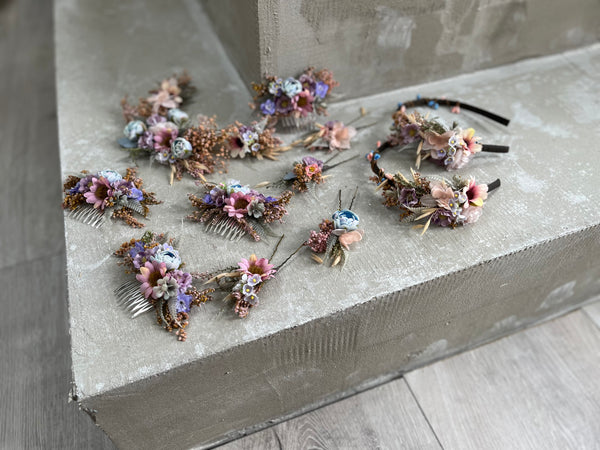 Romantic flower hair comb with blue peony