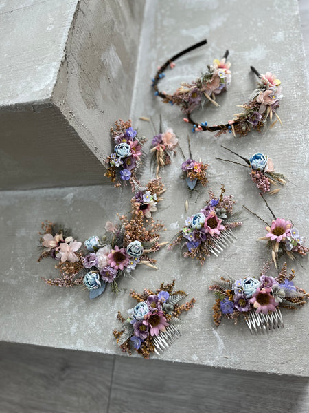Romantic flower hair comb with blue peony
