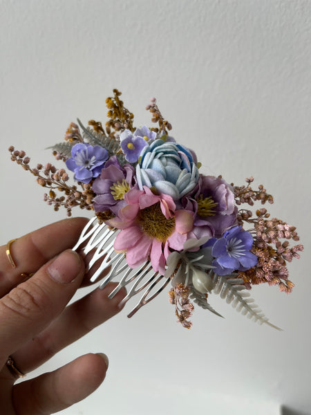 Romantic flower hair comb with blue peony