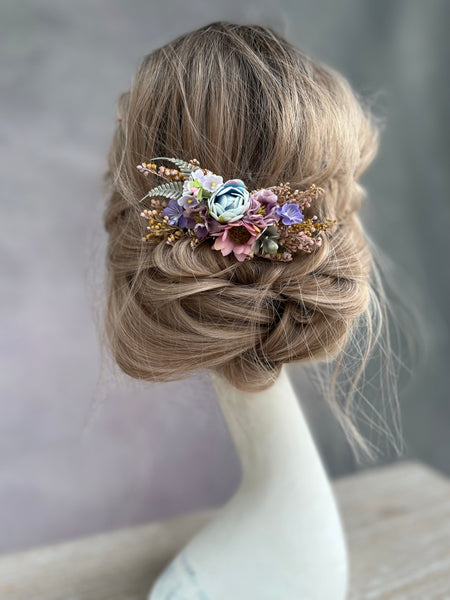 Romantic flower hair comb with blue peony