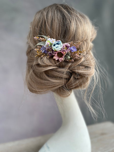 Romantic flower hair comb with blue peony