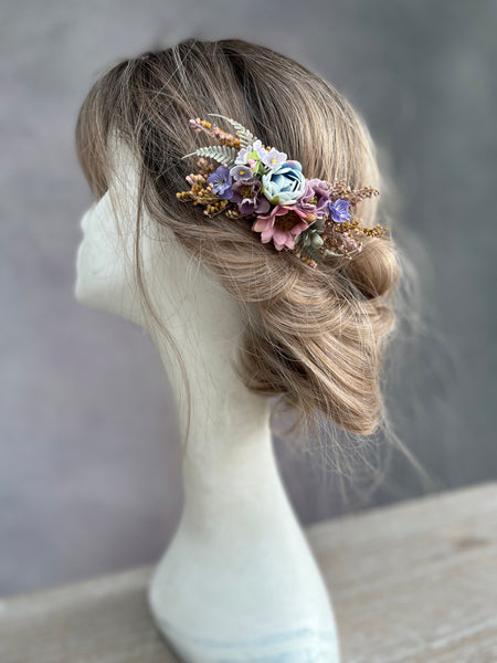 Romantic flower hair comb with blue peony