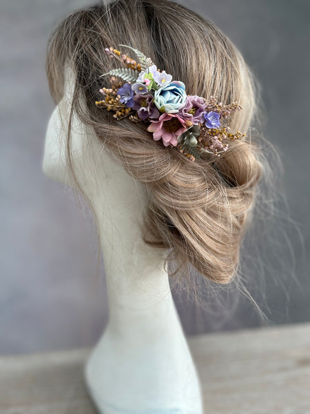 Romantic flower hair comb with blue peony