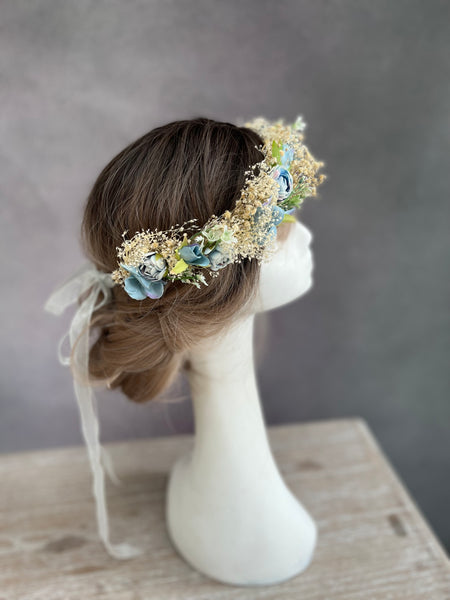 Dusty blue wedding hair wreath
