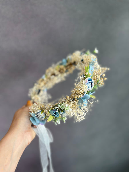Dusty blue wedding hair wreath