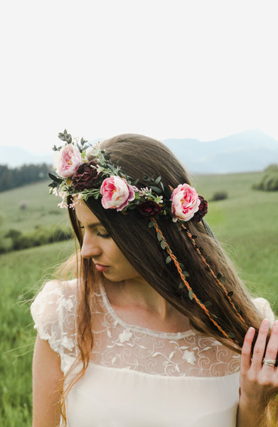 Boho flower hair wreath with braids Blush and burgundy hair crown with hanging vines Big boho wreath Romantic crown Peony Magaela