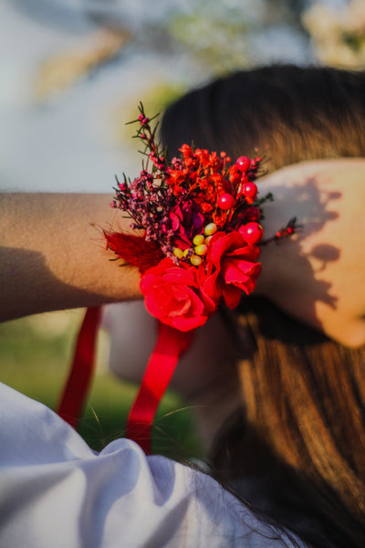 Red flower bracelet Bridal bracelet with berries Magaela Wedding wrist corsage Bride to be Bridesmaid bracelet Red flower jewellery