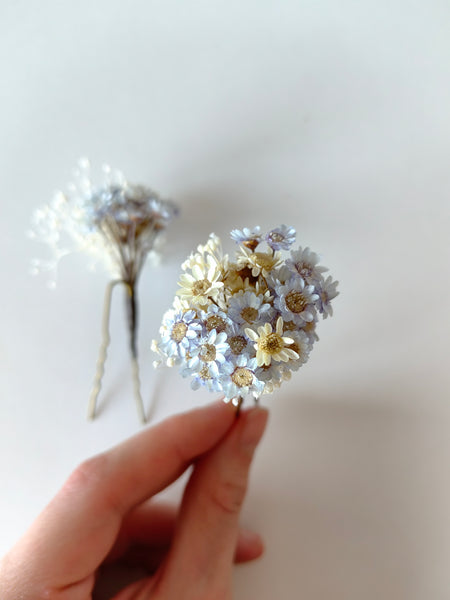 Blue and ivory flower hairpins