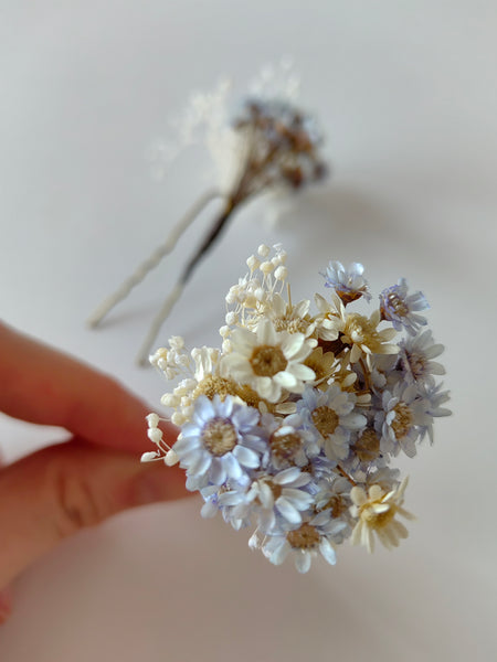 Blue and ivory flower hairpins