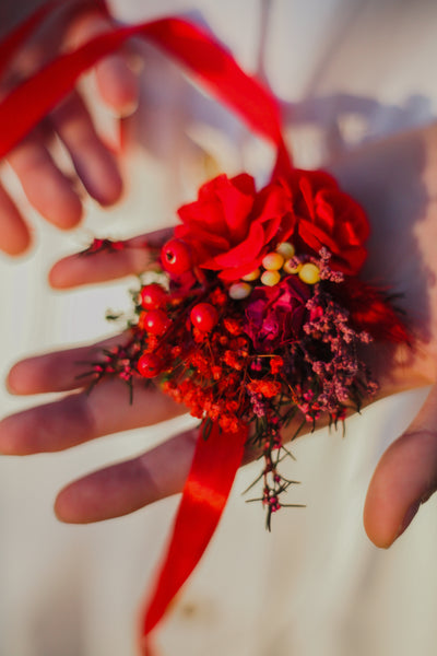 Red flower bracelet Bridal bracelet with berries Magaela Wedding wrist corsage Bride to be Bridesmaid bracelet Red flower jewellery