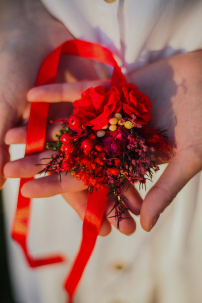 Red flower bracelet Bridal bracelet with berries Magaela Wedding wrist corsage Bride to be Bridesmaid bracelet Red flower jewellery