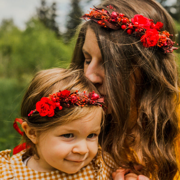 Red flower mummy and me crowns Set of matching hair wreath Customisable flower crowns Daughter hair wreath Girl flower crown Adjustable