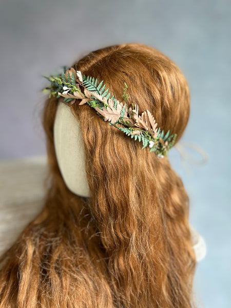 Greenery and bronze bridal hair crown