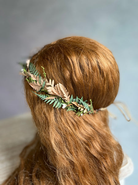 Greenery and bronze bridal hair crown