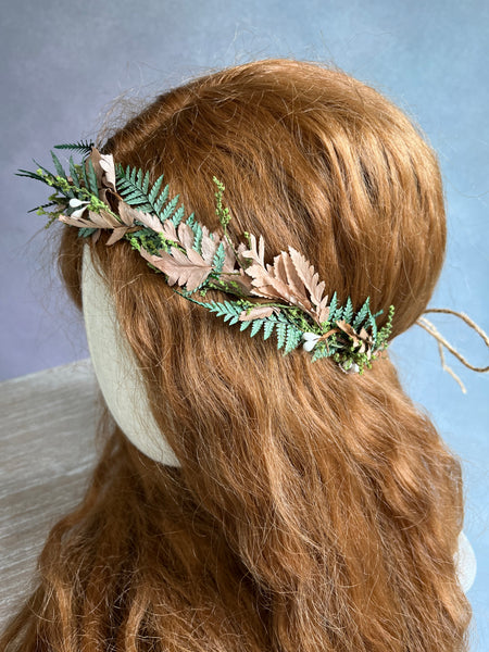 Greenery and bronze bridal hair crown