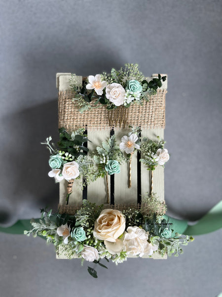 Sage green and white flower comb