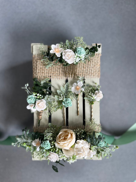 Sage green and white flower comb