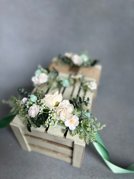 White and sage green flower belt