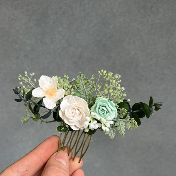 Sage green and white flower comb