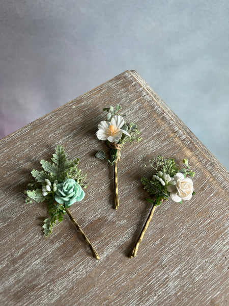 Sage green and white hairpins