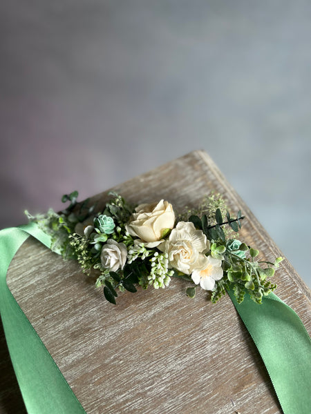 White and sage green flower belt