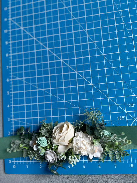 White and sage green flower belt