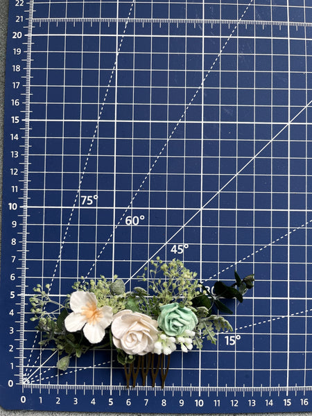 Sage green and white flower comb
