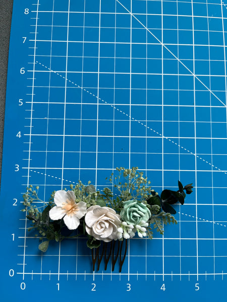 Sage green and white flower comb