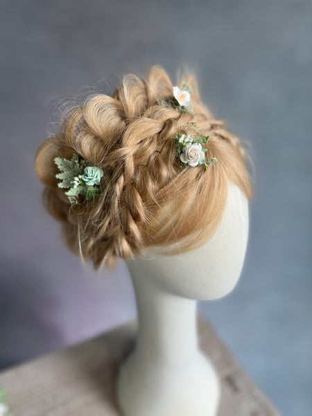 Sage green and white hairpins
