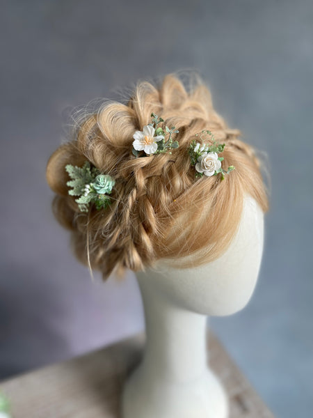 Sage green and white hairpins