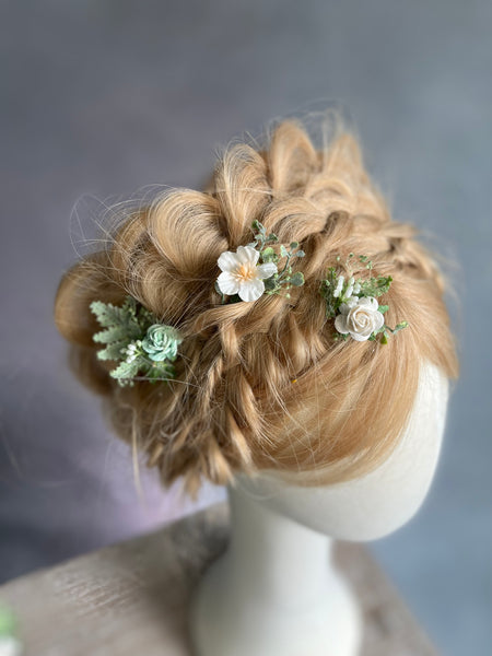 Sage green and white hairpins