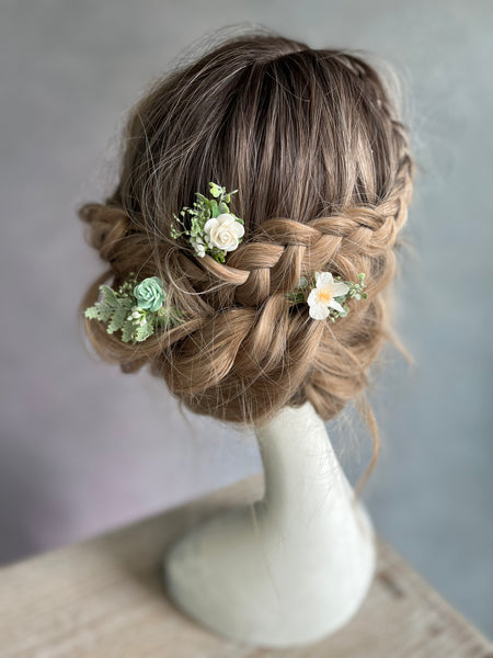 Sage green and white hairpins