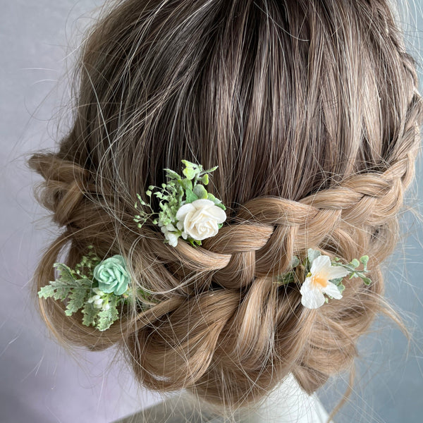 Sage green and white hairpins