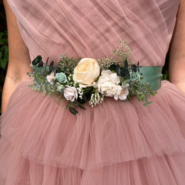 White and sage green flower belt