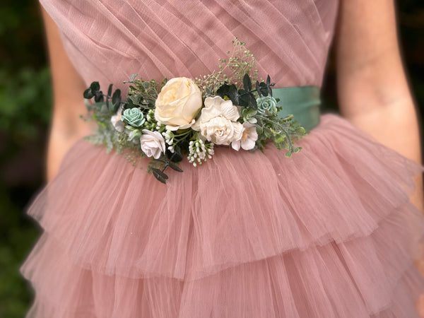 White and sage green flower belt