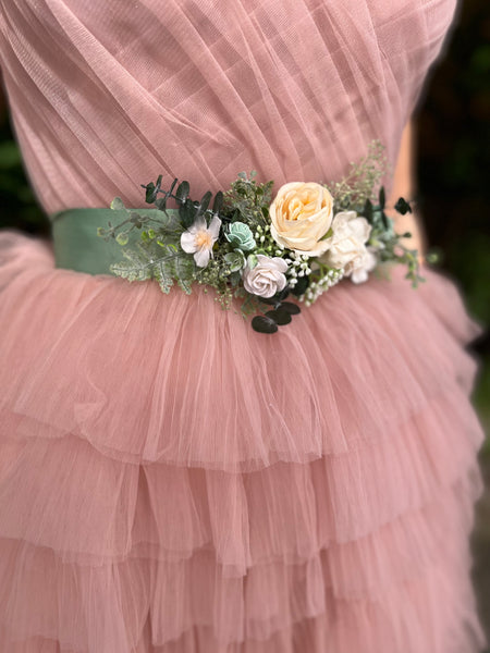 White and sage green flower belt