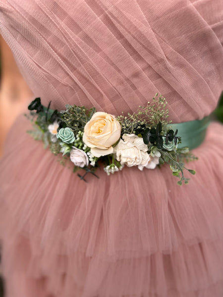 White and sage green flower belt
