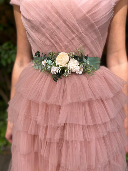 White and sage green flower belt