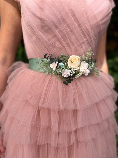 White and sage green flower belt