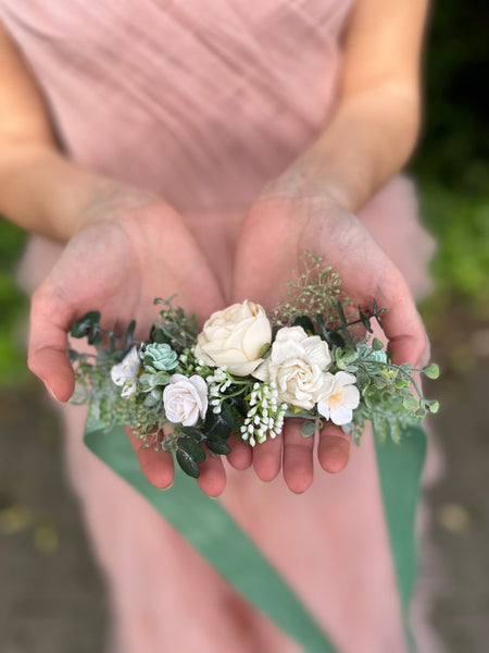 White and sage green flower belt