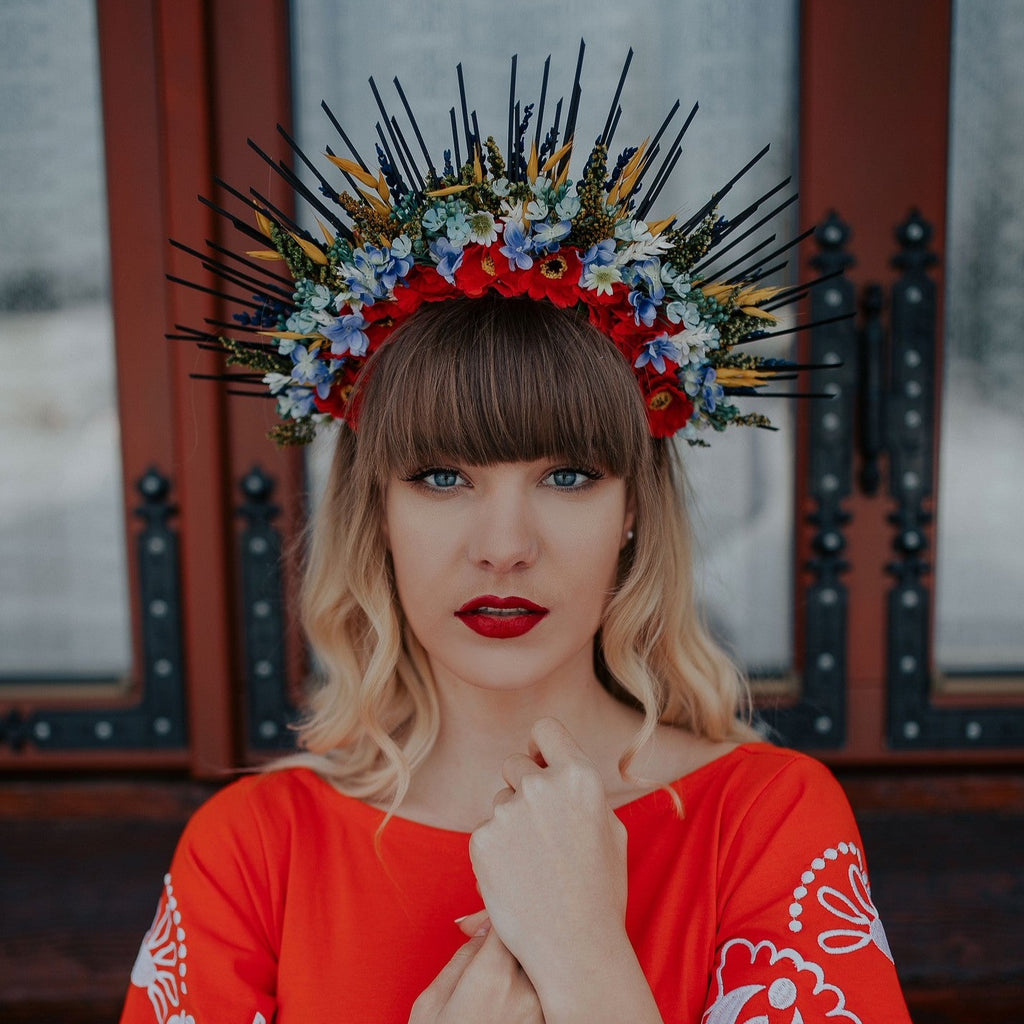 Folk flower halo crown Wedding headpiece Slavic wedding Meadow met gala crown Sun crown Bridal crown with spikes Two sided crown Magaela
