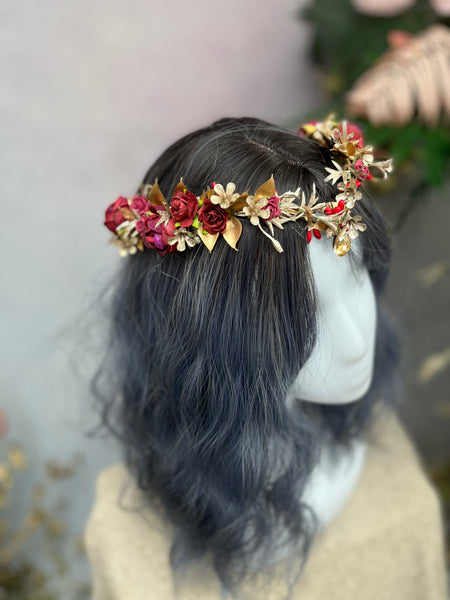 Golden and burgundy elven flower tiara