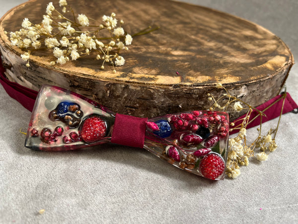 Raspberry flower resin bow tie