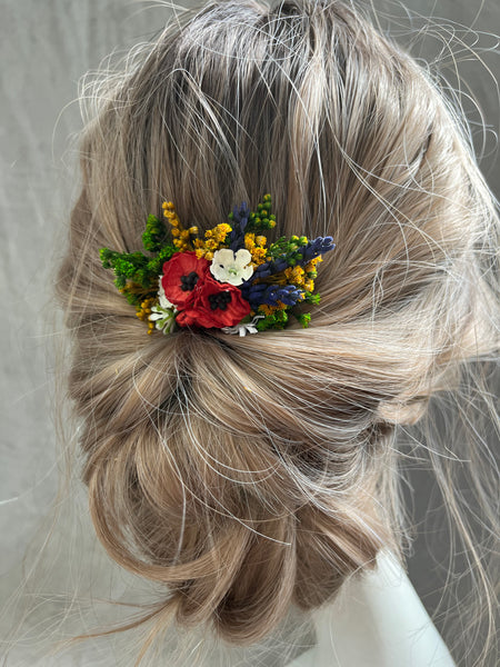 Poppy and lavender flower hair clip