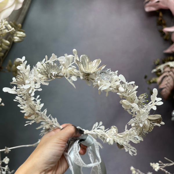 White flower hair wreath for bride with white lace and the back to tie