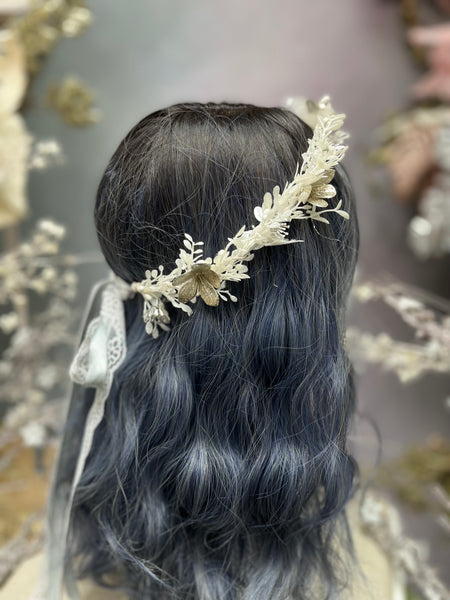White flower hair wreath for bride with white lace and the back to tie