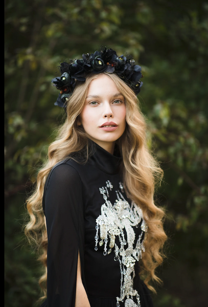 Black flower half wreath Evil queen wreath Black Mean queen half wreath Elegant Magaela accessories Wedding Halloween crown Handmade