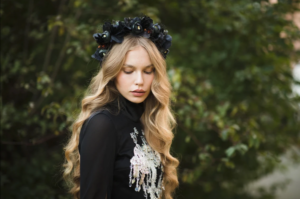 Black flower half wreath Evil queen wreath Black Mean queen half wreath Elegant Magaela accessories Wedding Halloween crown Handmade