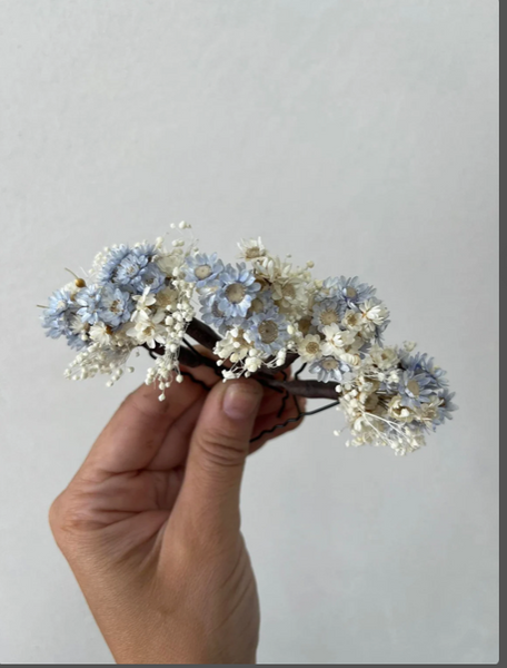 Blue and ivory flower hairpins