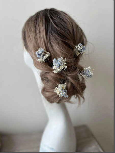 Blue and ivory flower hairpins